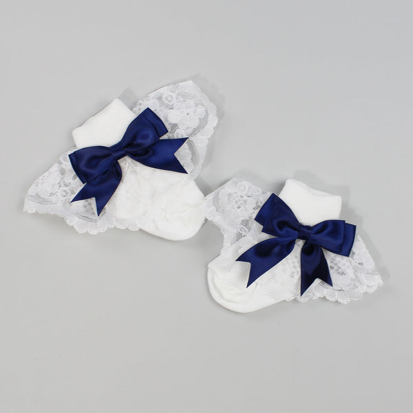 fancy baby socks navy blue bows and lace