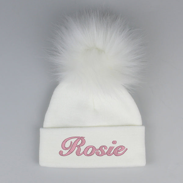 Personalised Pastel White Pom Hat - 2 to 6 years