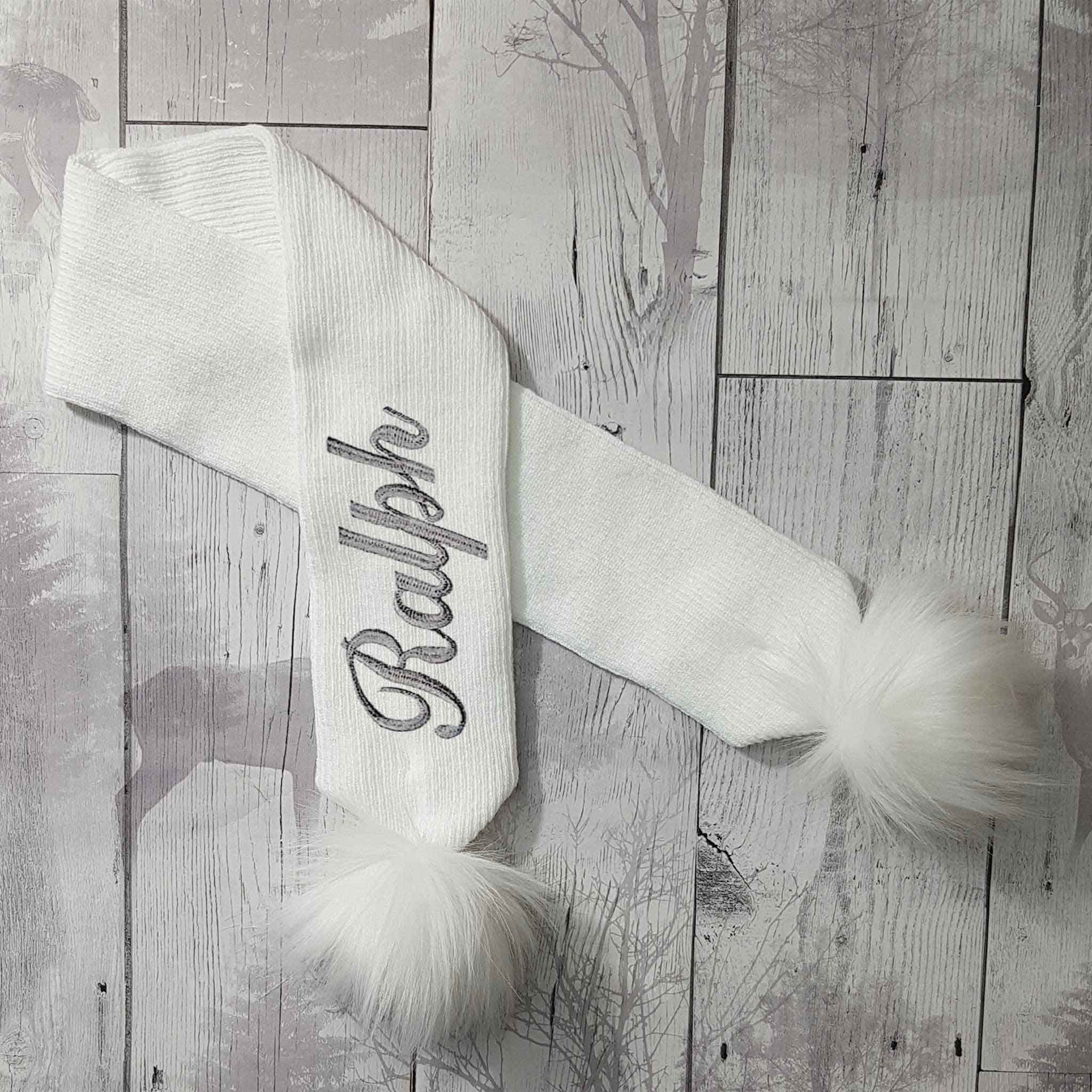 Personalised Baby Scarf White with White Faux Fur pom poms