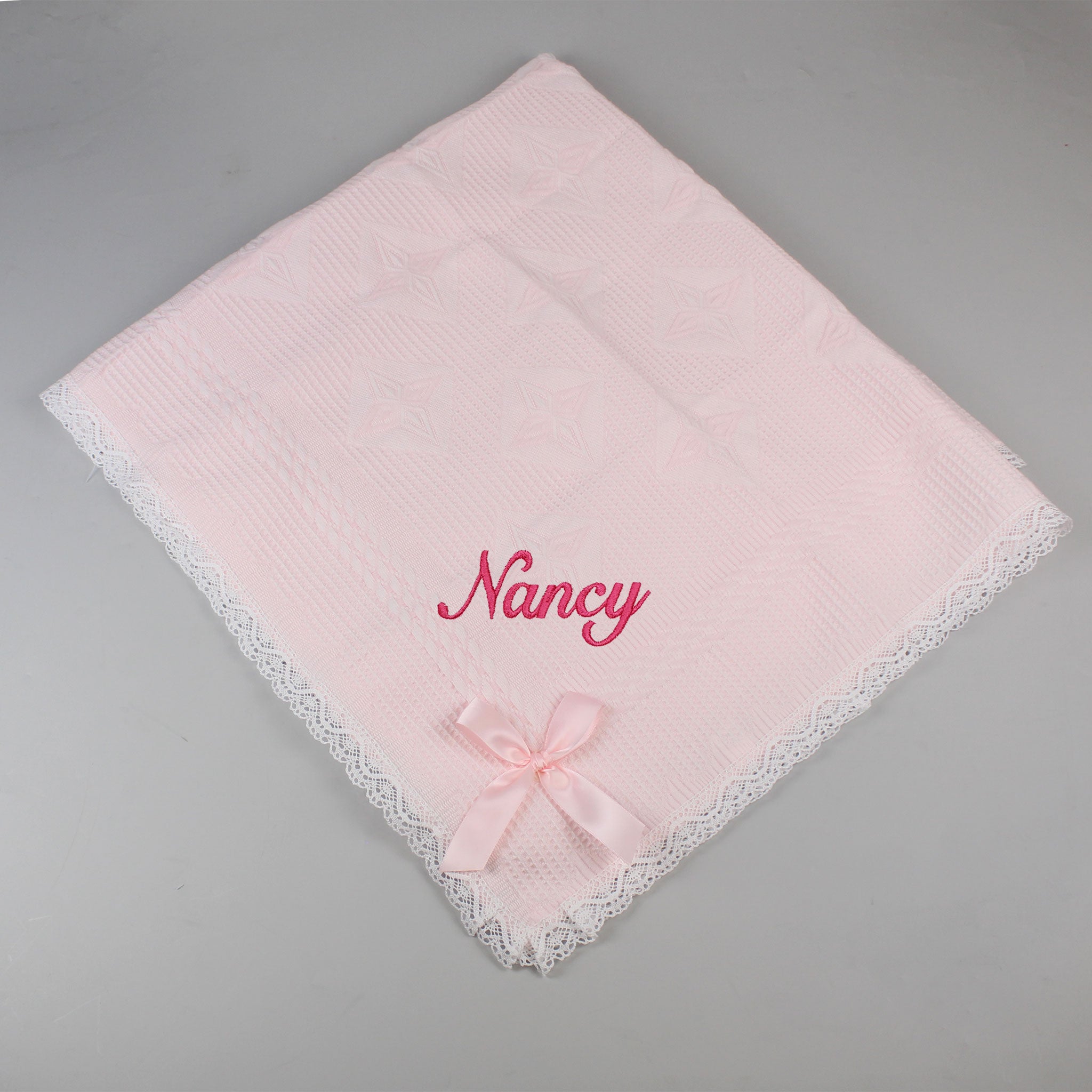 Personalised Baby Shawl with Lace and Bow - Pink - Pex Darcy