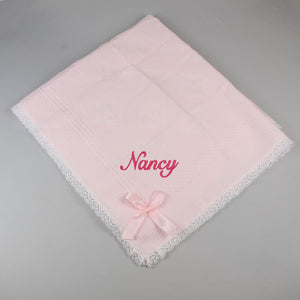 Personalised Baby Shawl with Lace and Bow - Pink - Pex Darcy