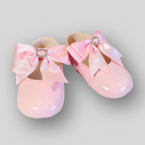 baby girls pink large satin bow diamante shoes