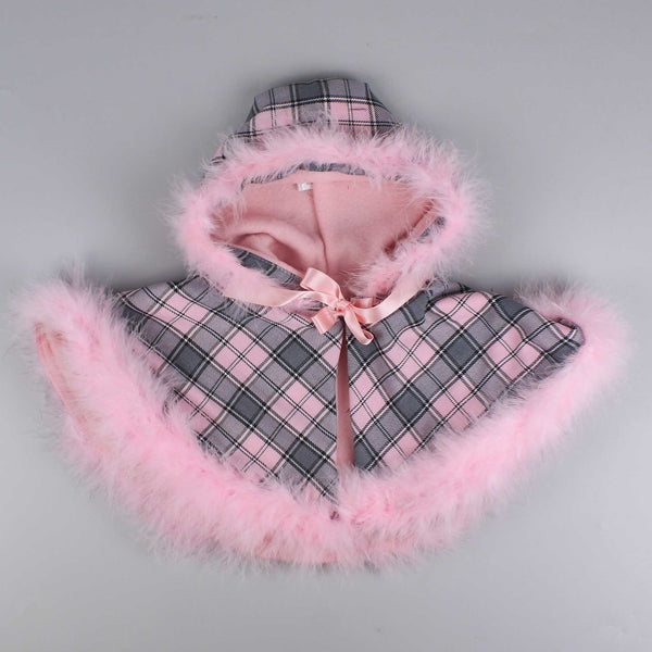 baby girls pink tartan dress with cape and marabou feather trim