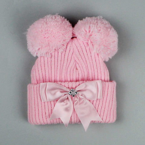 baby girl pink double pom hat bobble with ribbon gem bow
