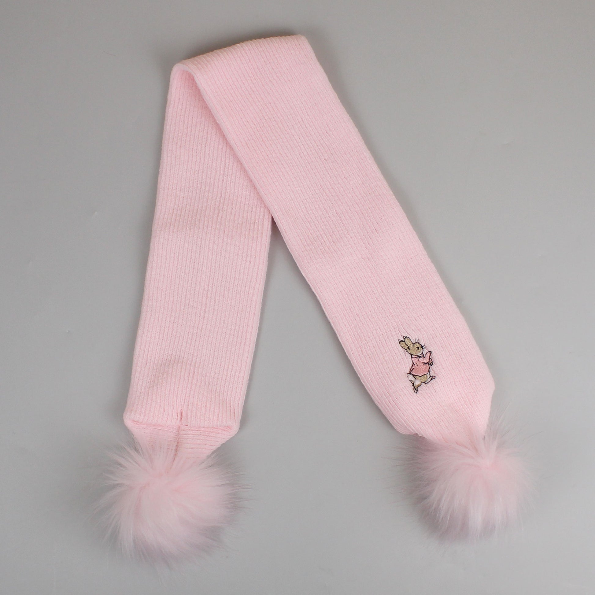 pink peter rabbit flopsy scarf with poms
