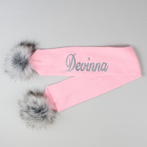 Personalised Baby Scarf Pink with Faux Fur pom poms