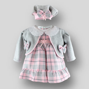 three piece grey and pink tartan outfit