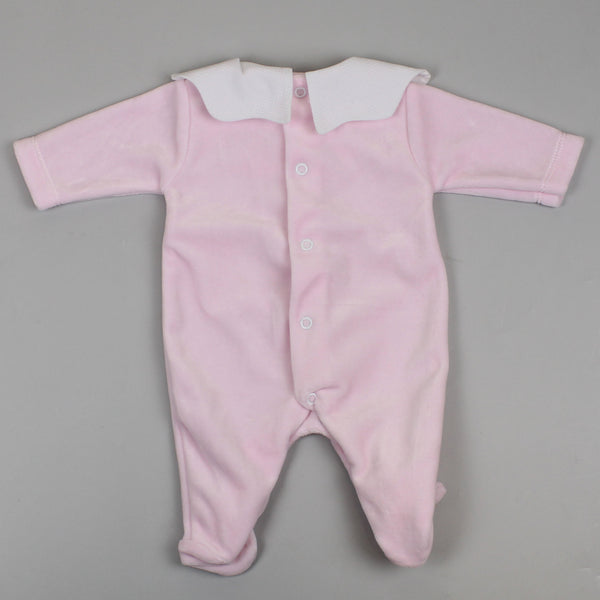 baby girls pink velour sleep suit with scallop collar 