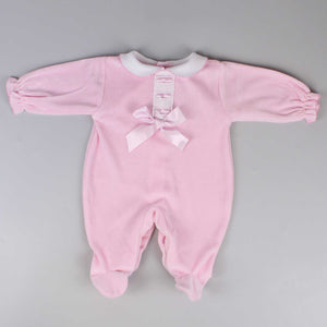 baby girls pink velour sleepsuit with bow and collar
