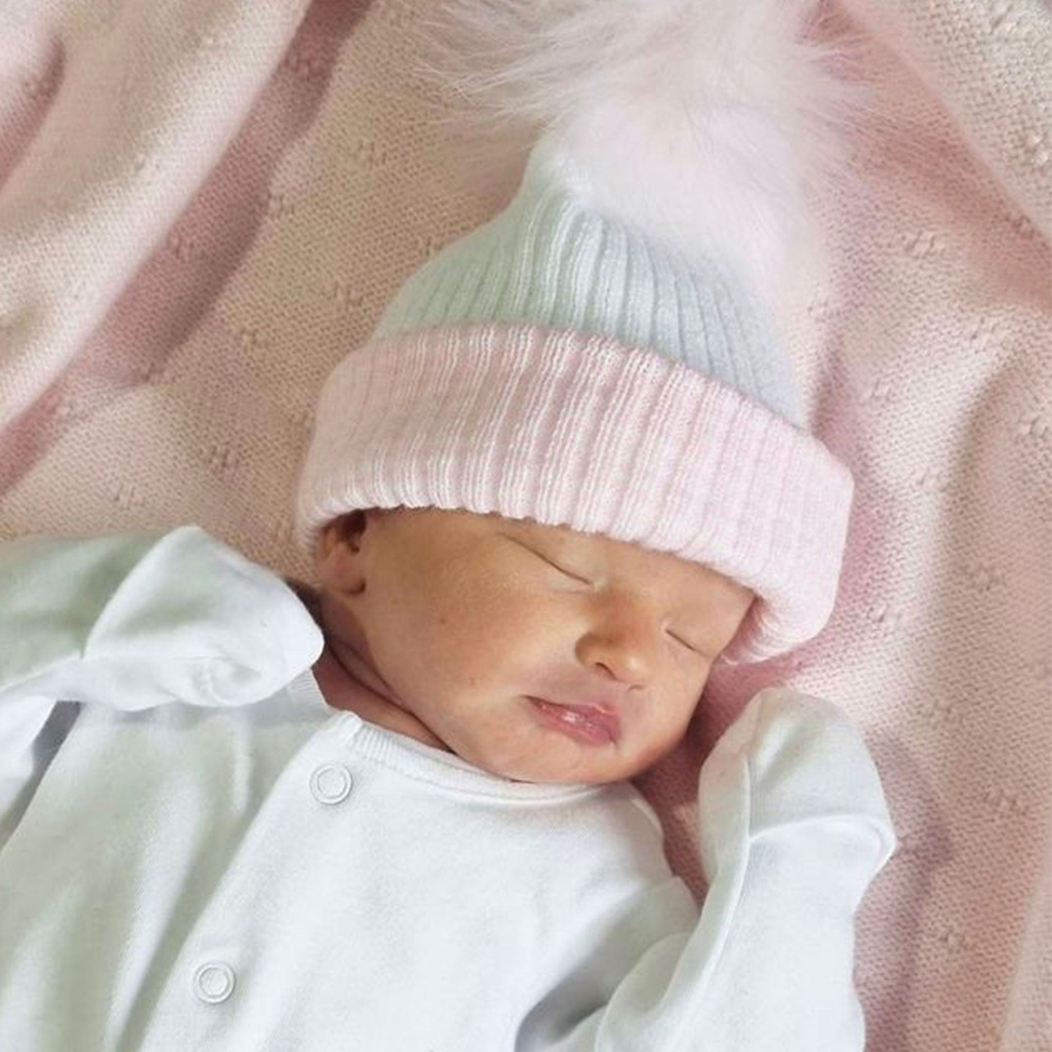 Newborn Baby White Pink Faux Fur Pom Pom Hat-First Size