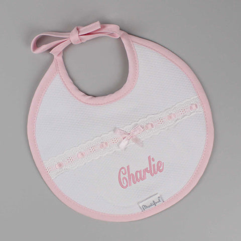 personalised baby bib for baby girl white pink