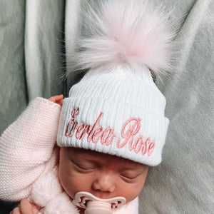 baby girls personalised white pink newborn hat