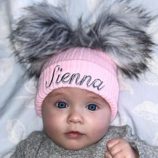 personalised pink baby girls pom pom hat
