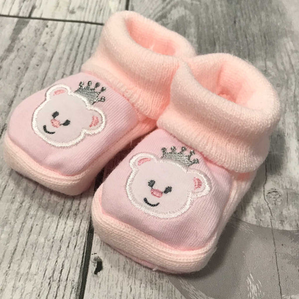 Pink Booties - with embroidered bear - Newborn to 6 months