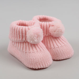 baby girls pink newborn to six months knitted booties pom pom
