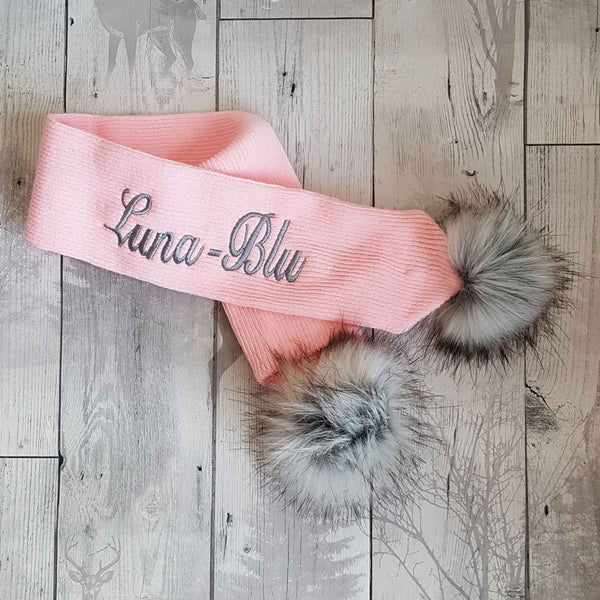 Personalised Baby Scarf Pink with Faux Fur pom poms