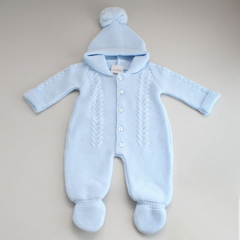blue all in one baby suit knitted with hood