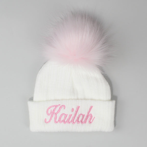 Personalised Baby Hat - White with Pink Pom