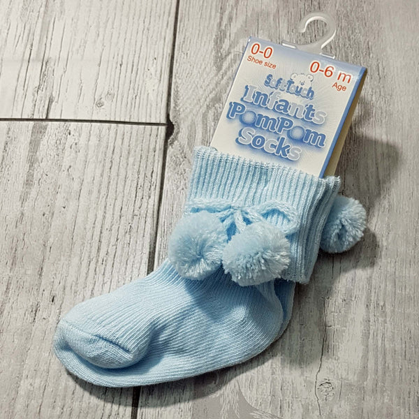 baby boy ankle socks blue with pom poms