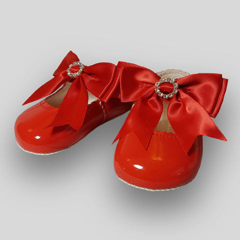 baby girls large red bow satin diamante shoes