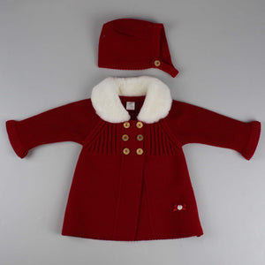 knitted red baby winter coat with bonnet