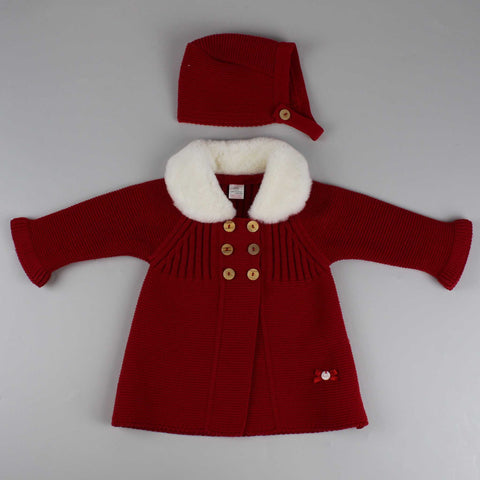 knitted red baby winter coat with bonnet