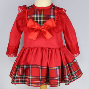 baby girls frilly red and tartan dress with bow