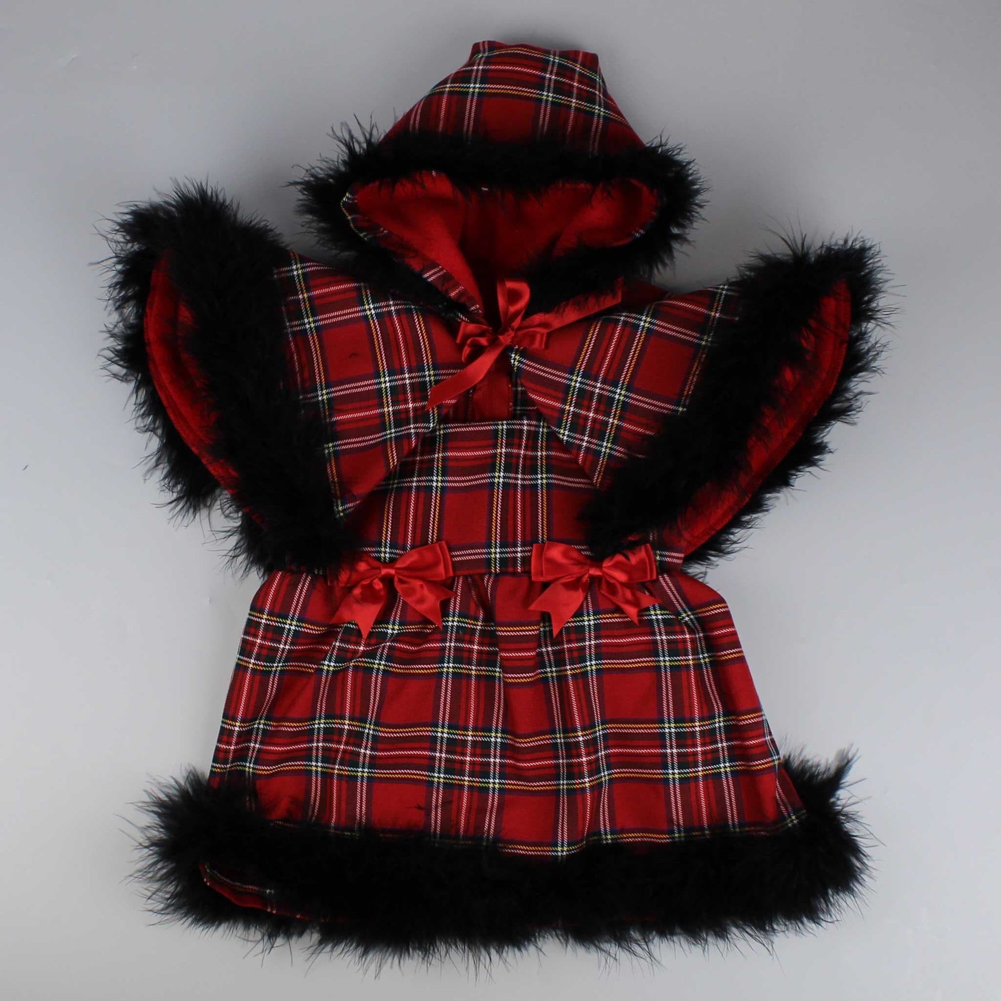 baby girls red tartan dress and cape with marabou feathers
