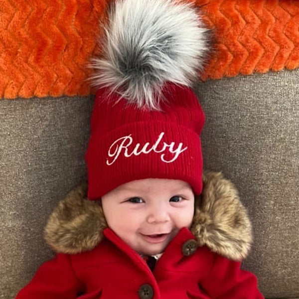 Personalised Baby Hat - Red Pom Pom Hat