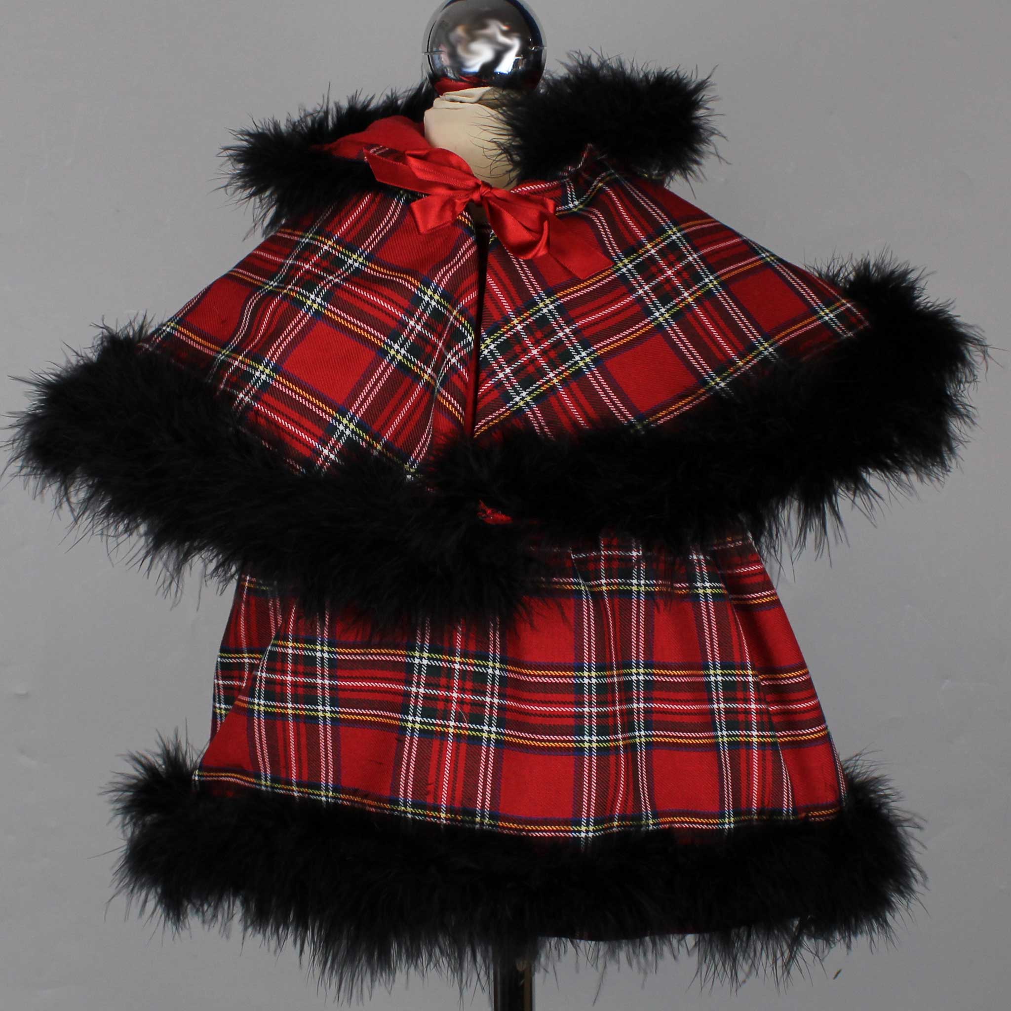 baby girls red tartan dress and cape with marabou feathers