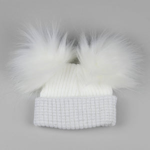baby white and silver hat with two poms