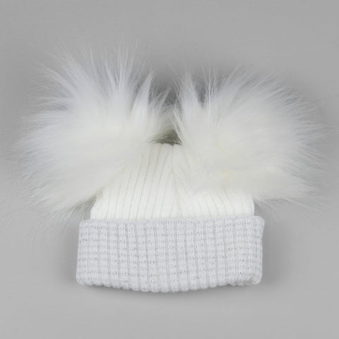 baby white and silver hat with two poms