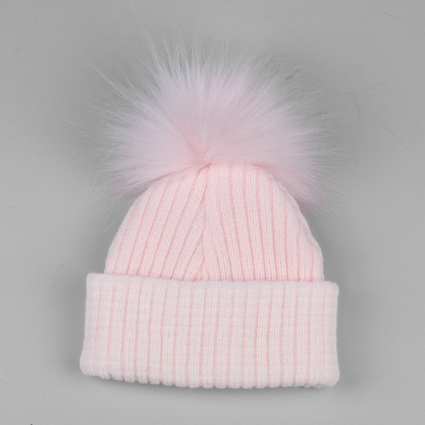baby waffle pink fur pom hat
