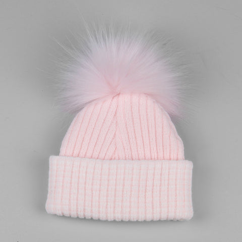 baby waffle pink fur pom hat