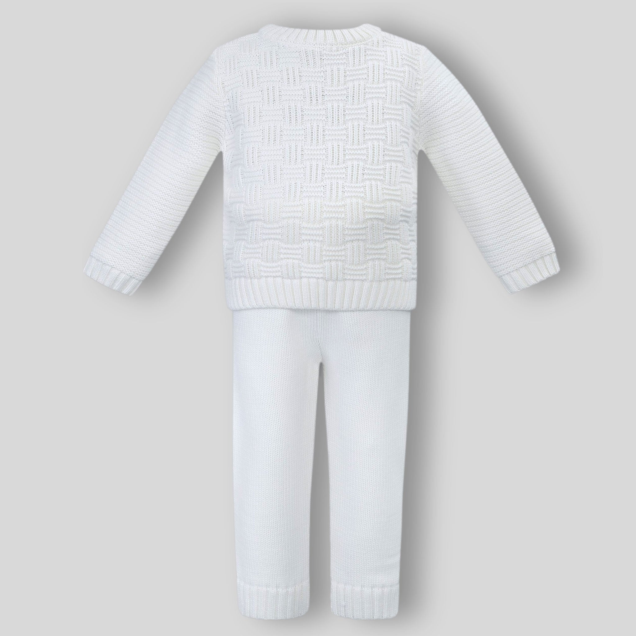 baby unisex knitted outfit with shirt and trousers white