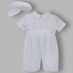 baby boys christening romper with matching cap white