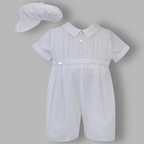 baby boys christening romper with matching cap white