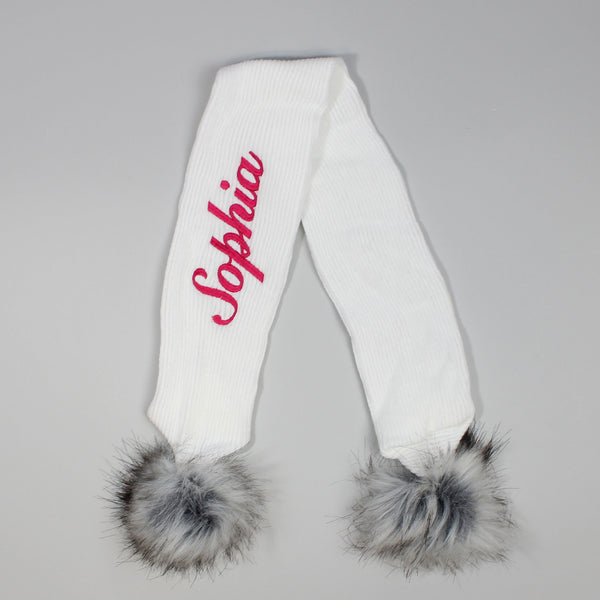 Personalised Baby Scarf White with Faux Fur pom poms