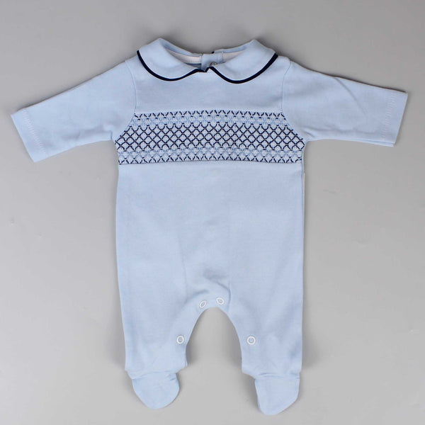 baby boys sleepsuit in blue with smocking