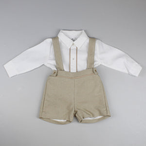 baby boys beige shorts and shirt occasion outfit wedding, party outfit