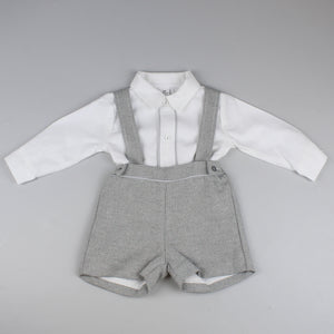 baby boys two piece grey shorts and shirt outfit traditional look