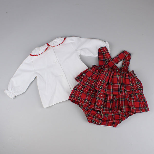 baby girls white shirt and tartan red dress with braces