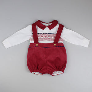 baby boys red corduroy shorts and braces with white shirt and smocking