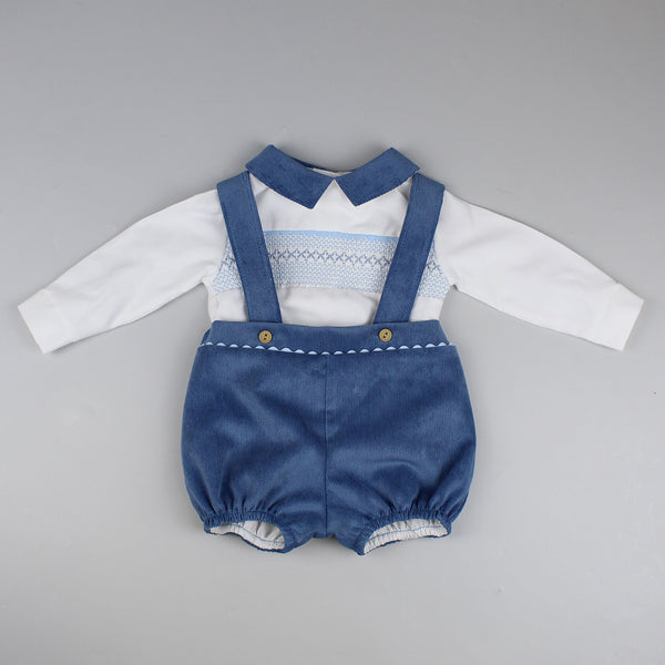 blue boys corduroy classic cute outfit with shirt and shorts with braces