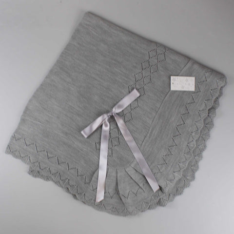 baby unisex grey knitted shawl with bow