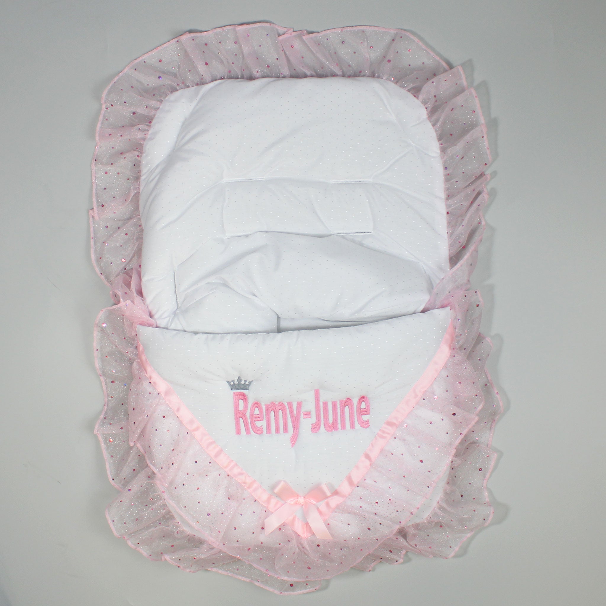 Personalised Car Seat Cosy Toes / Footmuff - White / Pink Sparkle