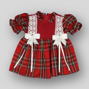 Baby girls red tartan outfit with white bows