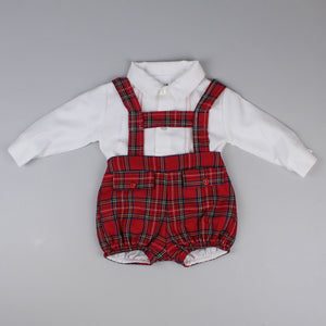 baby boys traditional tartan red outfit with pockets braces and white shirt with detailing