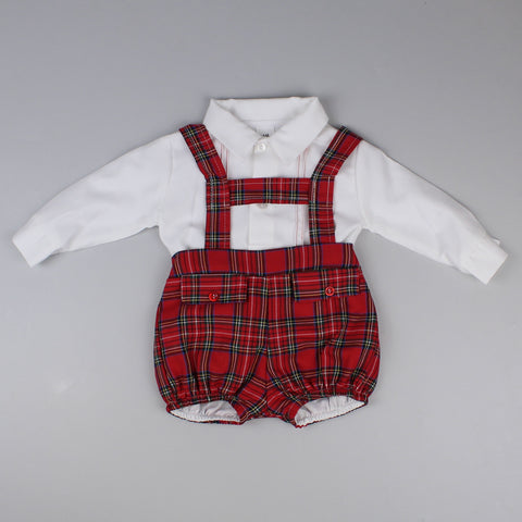 baby boys traditional tartan red outfit with pockets braces and white shirt with detailing