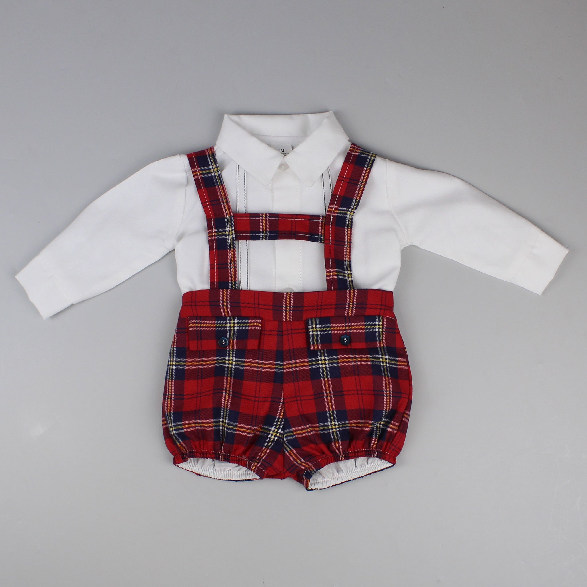baby boys traditional tartan outfit with braces and white shirt
